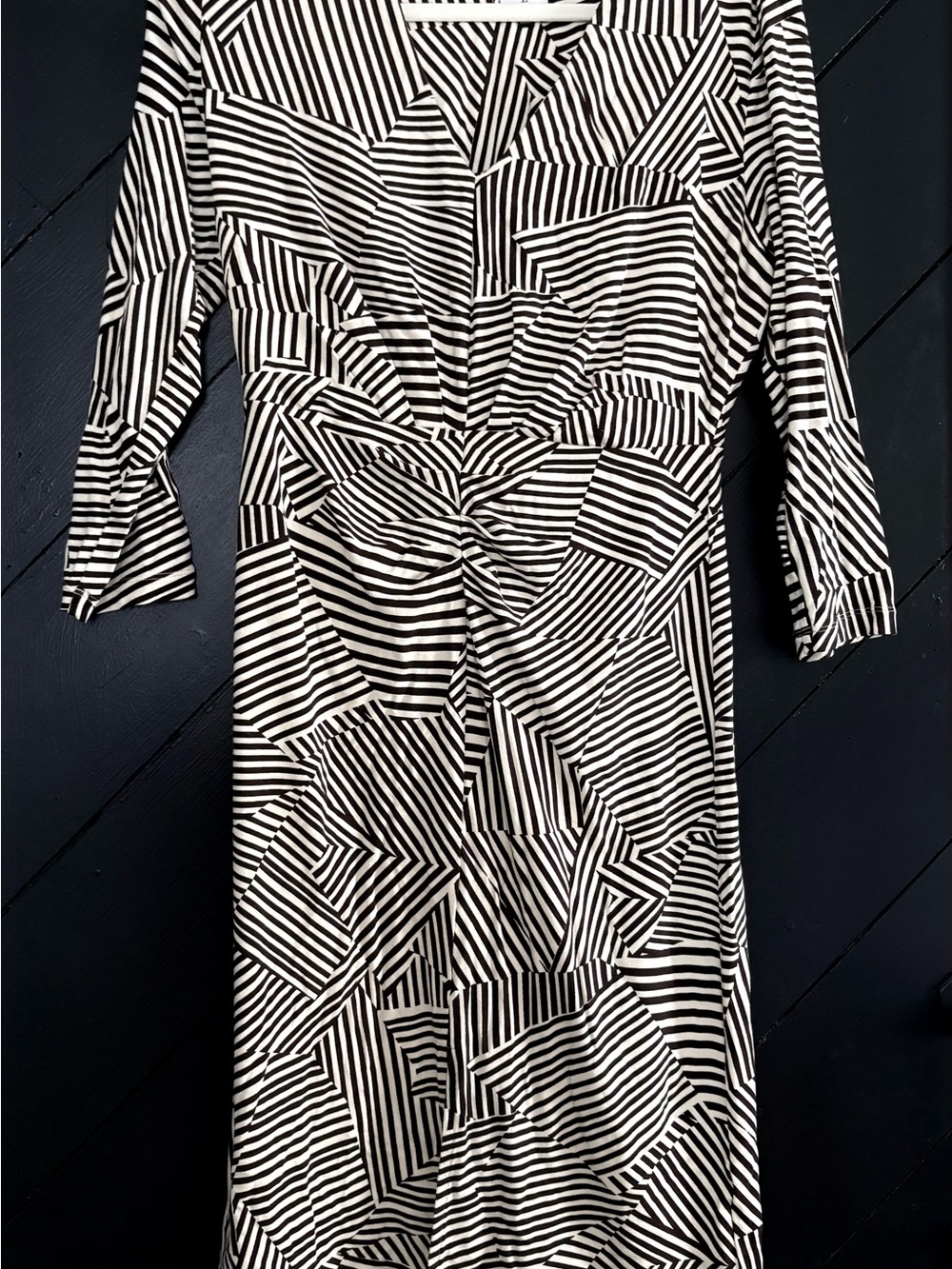 CAbi Brown and White Geometric Twist-Front Long Sleeve Dress